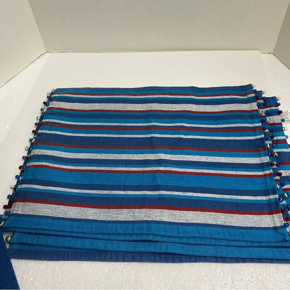Pier 1 Imports Striped Tapestry Placemats set of 6 Beaded blues red gray Casual